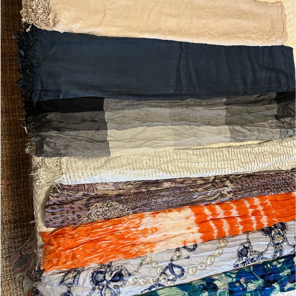 Lot of 28 scarfs/wraps.  3 With matching gloves.